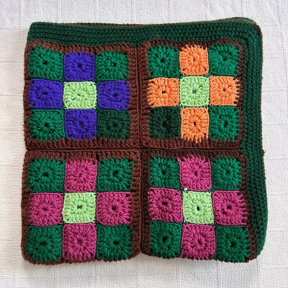 VTG 70s Granny Square Crochet Blanket Throw Cottagecore Boho Handmade 42x42